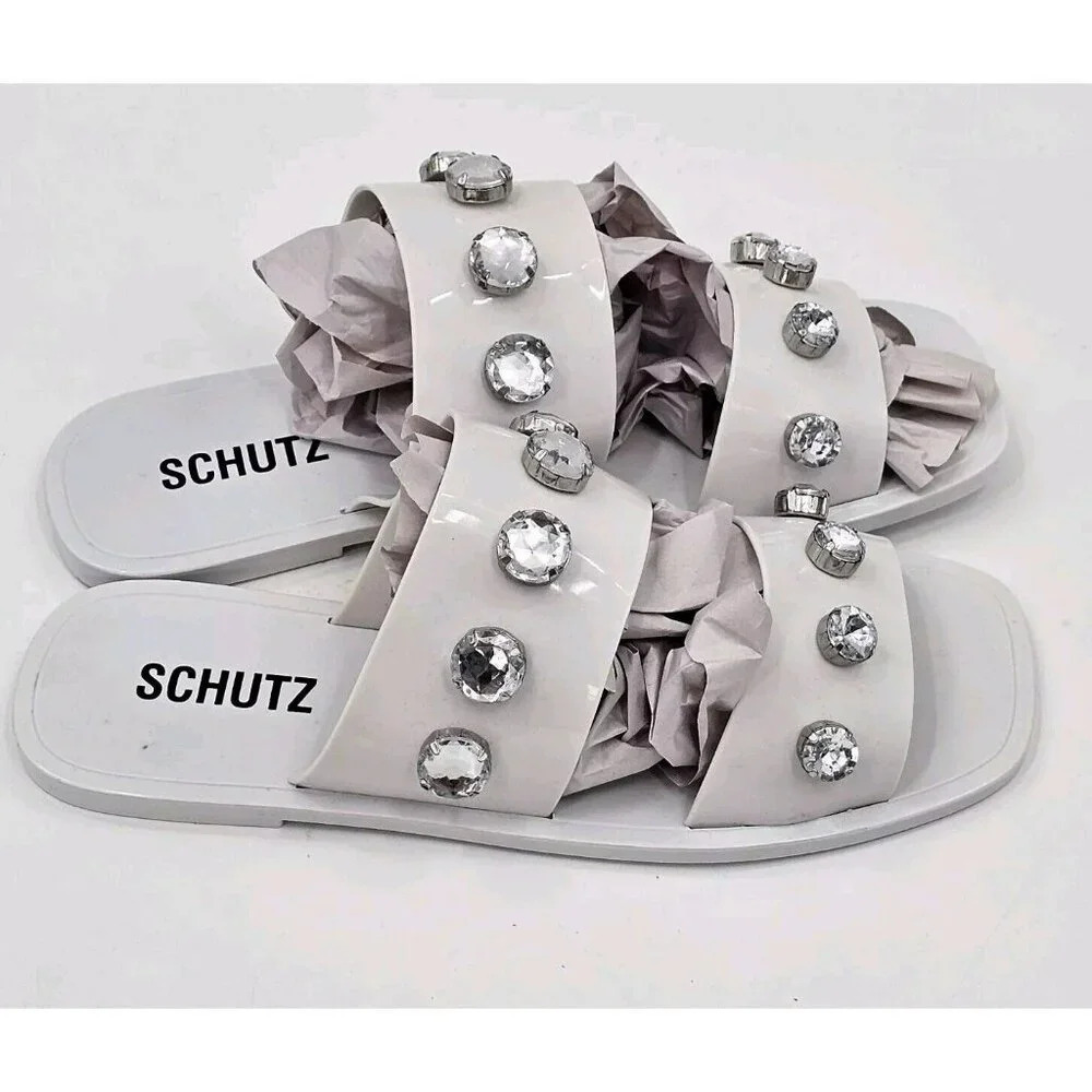 Schutz Lizzie White Jelly Crystal Embellished Flat Slide Sandal Size EU 39 US 9 - Picture 4 of 7